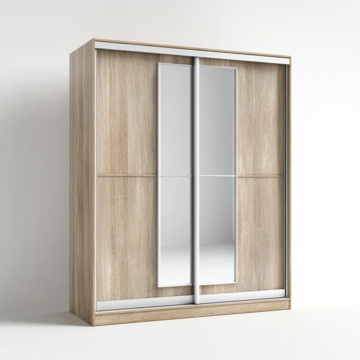 Armoire coulissante 2 portes chêne clair blanc avec miroirs 180 x 60 x 200 cm en panneaux de particules mélaminés rectangulaire