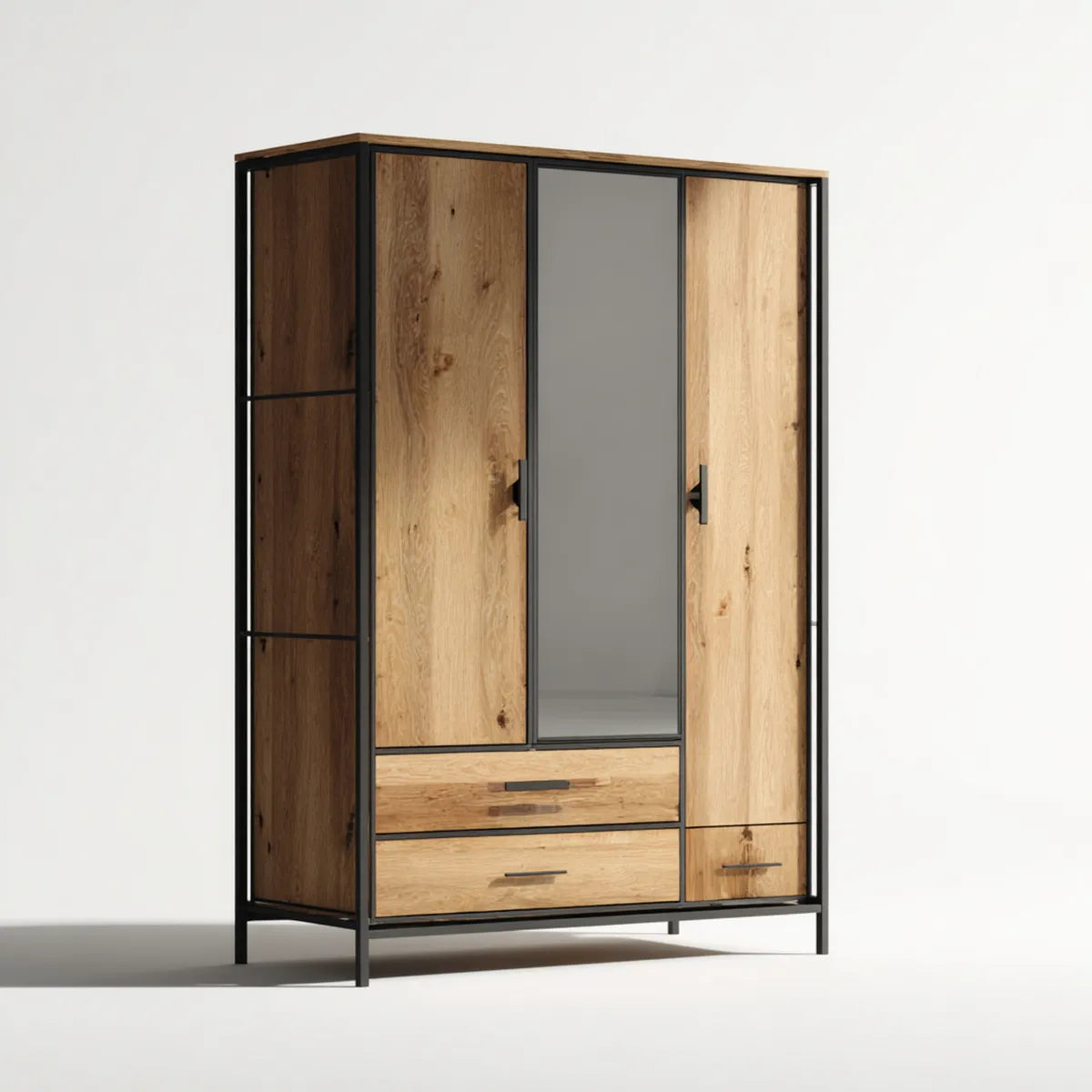 Armoire dressing 3 portes avec miroir chêne naturel gris et noir 160 x 60 x 200 cm en panneaux de particules et acier rectangulaire
