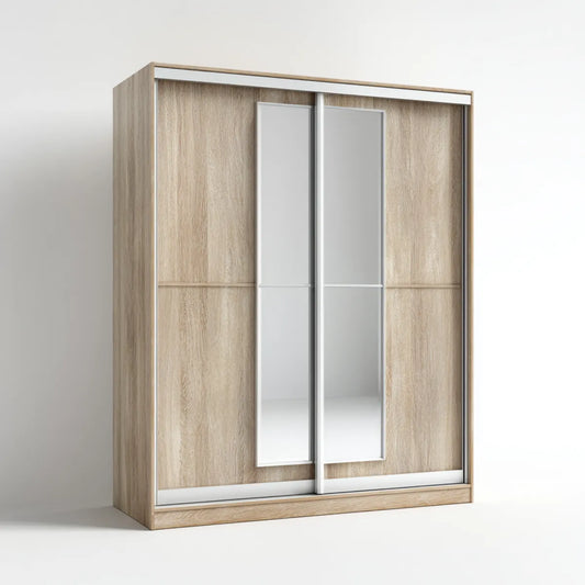 Armoire coulissante 2 portes chêne clair blanc avec miroirs 180 x 60 x 200 cm en panneaux de particules mélaminés rectangulaire