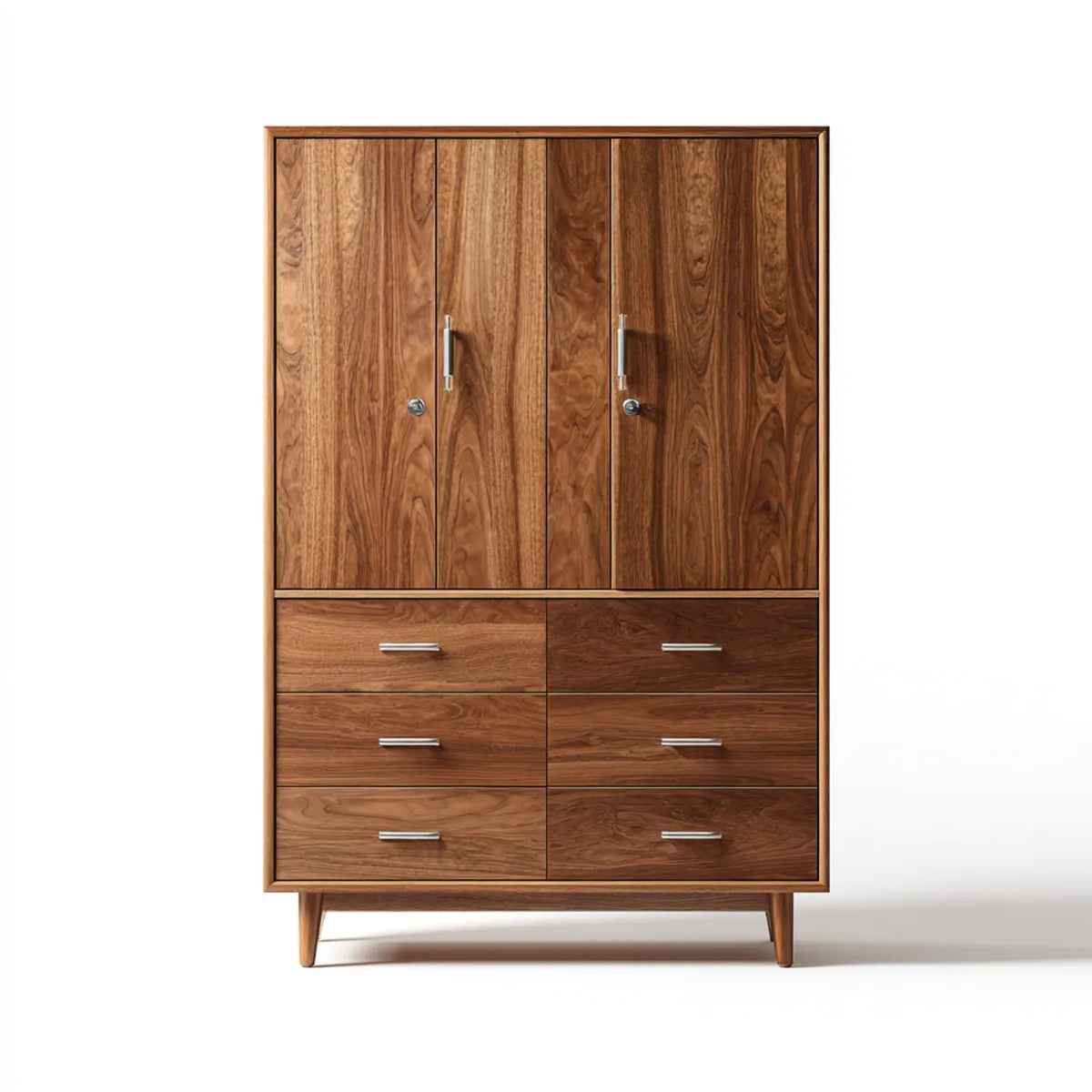Armoire de chambre 2 portes 6 tiroirs marron noyer 120 x 55 x 200 cm en MDF plaqué noyer