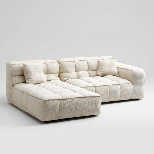 Canapé d’angle gauche 3 places écru en polyester bouclé 280 x 170 x 78 cm