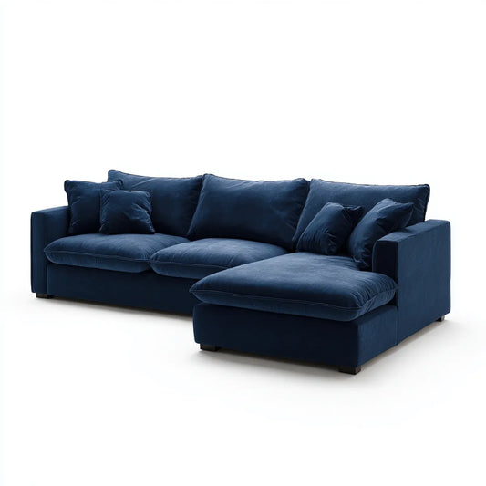 Canapé d’angle 3 places bleu marine en velours polyester avec méridienne droite 280 x 165 x 85 cm