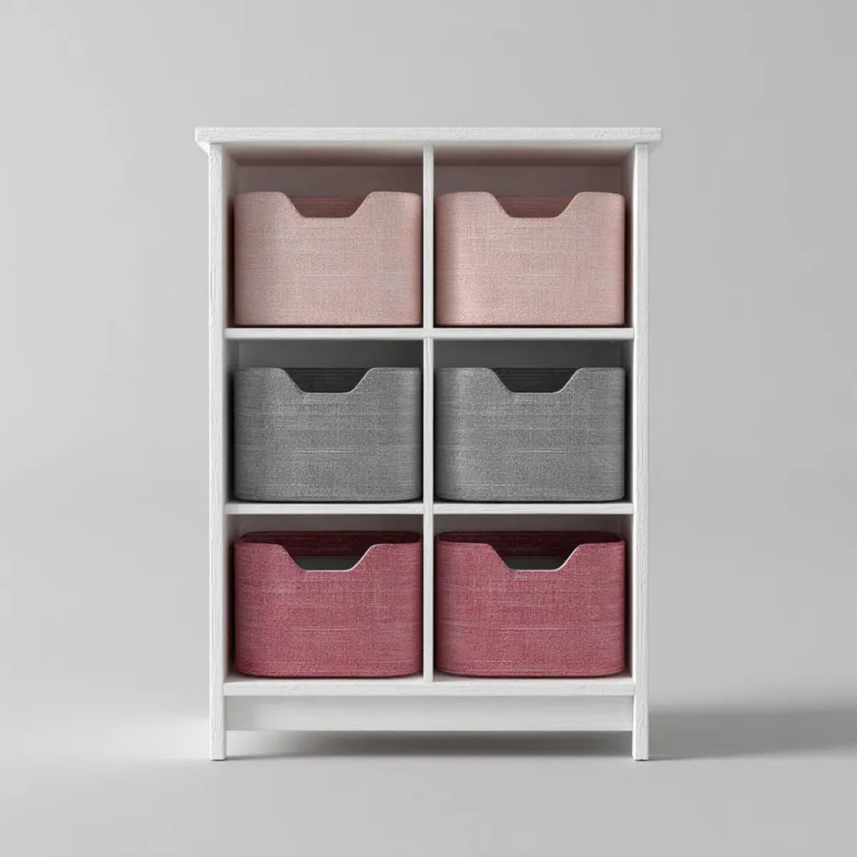 Étagère de rangement 6 cases blanche avec 6 bacs rose gris bordeaux en polyester rectangulaire 60 x 30 x 100 cm