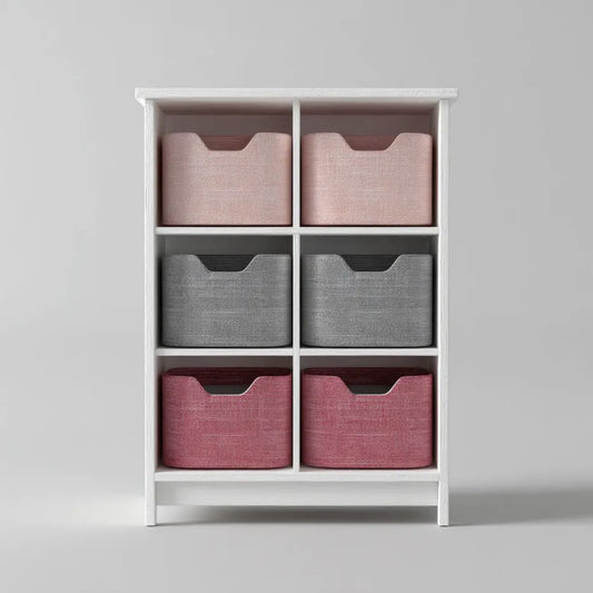 Étagère de rangement 6 cases blanche avec 6 bacs rose gris bordeaux en polyester rectangulaire 60 x 30 x 100 cm