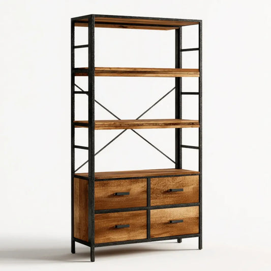 Bibliothèque industrielle marron et noir en bois massif de manguier et acier 90 x 40 x 180 cm avec 3 étagères et 4 tiroirs