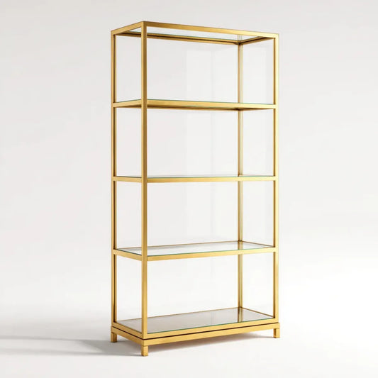 Étagère bibliothèque rectangulaire dorée 80 x 35 x 180 cm en acier inoxydable et verre trempé